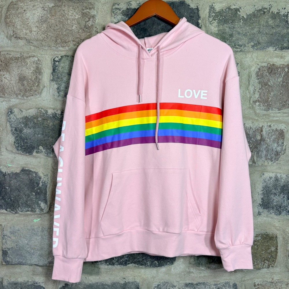 Beachwaver Pink Hoodie Rainbow Stripe LOVE Graphic Sweatshirt Unisex Medium‎ NWT